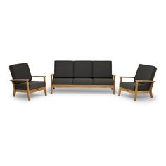 three piece sofa set with arm chairs and footstool in black fabric, on white background