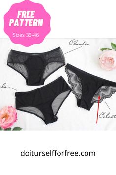 two women's panties with laces and flowers on the bottom, one is black