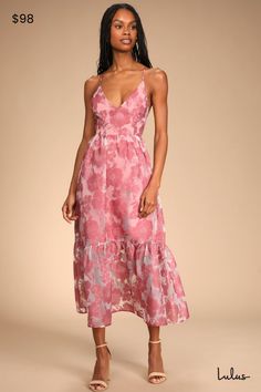 If you're waiting on your white knight, you need the perfect dressâ€” the Lulus Feeling Like Forever Rose Jacquard Organza Lace-Up Midi Dress! Lightweight burnout chiffon, with a floral motif, shapes a deep V-neckline as it flows into long, slender straps that lace up and tie across the open back. A high, fitted waist sits atop a two-tiered skirt as it falls to a floaty midi hem. Hidden zipper/clasp at back. A love story waiting to happen! Fit: This garment fits true to size. Length: Ankle lengt Pink Floral Wedding Guest Dress, Semi Formal Wedding Attire, Formal Wedding Attire, Semi Formal Attire, Semi Formal Wedding, Organza Lace, White Knight, Forever Rose, Guest Attire