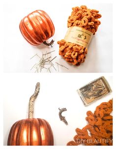 two pictures of pumpkins and other items that are on top of the same table