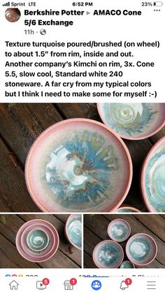 some bowls are sitting on a table and one has been made with pottery, the other is