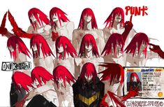 a group of anime characters with red hair and blood on their bodies, standing in front of a white background