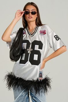 Sports Jersey Dress, Lisa Outfit, Bold Lip, Feather Trim, Bold Lips, Oversized Silhouette, Silver Dress, Moto Boots, Jersey Dress