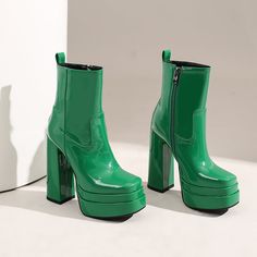 Introducing our newest arrivals ââ‚?the Green Platform Boots! A chic and stylish twist on the classic platform boot. these square-toe beauties are perfect for making a statement. The lush patent leather and chunky block heel add a touch of luxury. while the green hue is perfect for standing out from the crowd. Upper: Patent Leather Lining: Short Plush Outsole: Rubber Toe: Square Toe Closure: Zip Heel: 14cm/5.5'' Platform: 4cm/1.5'' Shaft: 13.5cm/5.3'' Circumference: 25cm/9.8'' Color: Green. Blac Green Platform, Zipper Heels, Chunky Block Heels, Peep Toe Heels, Chunky Boots, Shoe Size Chart, Platform Boots, High Boots, Leather Ankle Boots