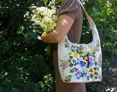 Hand embroidered woman bag Forgetmenot  by Handembroiderykvitka, $125.00 Interesting Gifts, Ethnic Bag, Woman Bag, Bohemian Bags, Beautiful Belts, Floral Bags, October 21, Autumn Harvest, Vintage Sheets