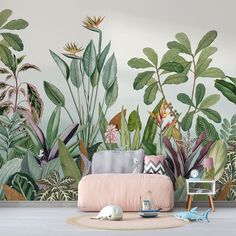 a living room with plants and flowers painted on the wall next to a pink couch