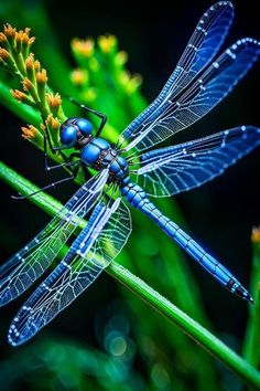 a blue dragonfly sitting on top of a green plant