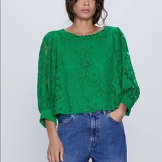 Nwot I Purchased This And Have Never Worn It Stunning Emerald Green Color! Could Be Worn With Denim Or Dressed Up For A More Formal Event! Front Is Lined. Back And Sleeves Are Not Laying Flat Pit To Pit 19” Zara Casual Party Blouse, Zara Casual Lace Top Blouse, Casual Zara Blouse With Lace Top, Green Casual Blouse With Lace Top, Green Casual Lace Top, Green Lace Top Blouse For Summer, Summer Green Lace Top Blouse, Crossover Crop Top, Zara Lace Top