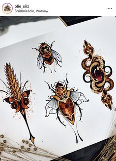 an image of some tattoos on the back of a sheet of paper with bugs and feathers