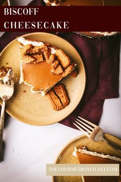 a piece of biscoff cheesecake on a plate with a fork and knife