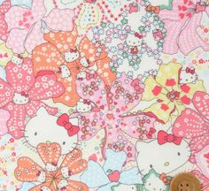 an image of hello kitty wallpaper with flowers and hearts on the background, as well as a button