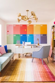 Rainbow block wall calendar Creative Office Space Design, Colorful Interiors Office, Bright Fun Interior Design, Office Flower Decor, Cool Office Furniture, Creative Office Space Design Interiors, Happy Home Office, Home Office Creative Space, Modern Eclectic Office