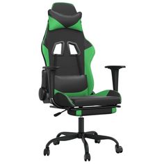 a green and black office chair with wheels on the bottom, in front of a white background