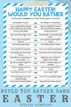 an easter egg hunt poster with the words happy easter would you rather?