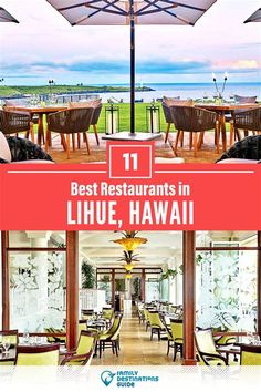 an outdoor restaurant with tables, chairs and umbrellas over looking the ocean in luaue, hawaii