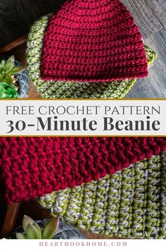 two crocheted beanies with text overlay that says free crochet pattern 30 - minute beanie