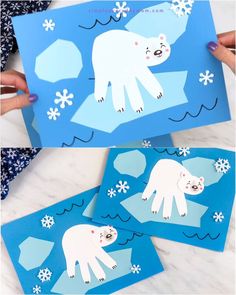 polar bear crafts for kids to make with paper and glue on the surface, including snowflakes