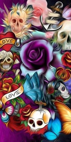 a bunch of skulls and roses on a purple background with the word love written in it