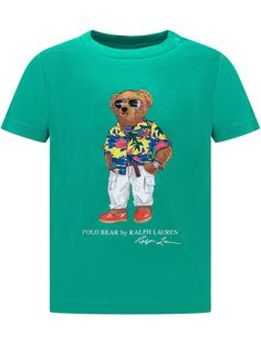 Green T-shirt with short sleeves. Crew neck. Ribbed collar. Signature Polo Bear print on front.Composition: Outside:, 100% Cotton Ralph Lauren Polo Bear, Designer Ralph Lauren, Ralph Lauren Logo, Polo Bear, Green T Shirt, Kenzo Kids, Bear T Shirt, Green Tshirt, Bear Print