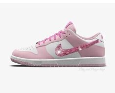 Nike Custom High-top Sneakers, Nike Custom Sneakers With Round Toe, Custom Pink High-top Sneakers, Custom Pink Low-top Sneakers, Custom Nike Low-top Sneakers, Pink Slip-on Custom Sneakers For Streetwear, Glitter Nike, Womens Pink Sneakers, Swarovski Nike