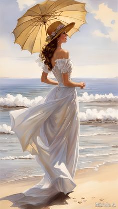 a painting of a woman in a white dress holding an open umbrella on the beach