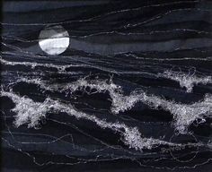 an abstract painting with lines and waves in the dark night sky, over which is a half moon