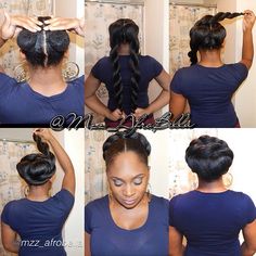 Faux bun reloaded! ➖➖➖➖➖➖ by @mzz_afrobella "Started out pulling my hair in 2 puffs in the back. I then took 2 packs of Jumbo Braid Kanekalon hair, wrapped each pack around my puffs, two strand twisted the hair and you'll get two jumbo twists as shown in the 2nd picture. In the 3rd picture, I simply wrapped one of the twists around both the puffs clockwise and pinned it, the 4th pic shows me doing the same thing with the remainder twist counterclockwise and pinned. Once both jumbo twists are ... Natural Updo Hairstyles, Updo Hairstyles For Black Women, Faux Bun, Kanekalon Hairstyles, Pelo Afro, High Bun, Updo Hairstyles, Natural Hair Inspiration