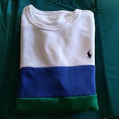 Super Comfy Rl Polo Ss, Size. L..White,Blue,Green Multicolor White Long Sleeve Color Block Top, White Color Block Long Sleeve Tops, White Color Block Sporty Top, Sporty White Color Block Sweatshirt, White Cotton Short Sleeve Sweatshirt, White Short Sleeve Cotton Sweatshirt, White Cotton Color Block Sweatshirt, White Color Block Crew Neck Top, White Cotton Color Block Tops