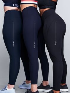 three women in black leggings are standing next to each other with their measurements printed on them