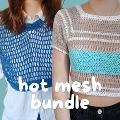 two women standing next to each other with the words hot mesh bundle written on them