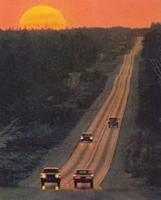 three cars driving down the road in front of an orange sunset with trees on both sides