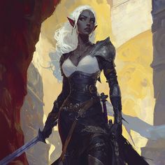 Drow Elf Female Character Design, Drow Princess, Drow Female Art, Dnd Rogue Character Design, Drow Fighter, Eso Armor, Elves Female Beautiful, Female Drow, Drow Female