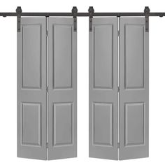 two gray doors with black hardware on each side