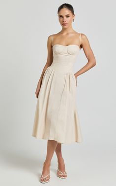 April Midi Dress - Sweetheart Wide Pleated Dress in Cream | Showpo USA Grad Ideas, Basic Black Dress, Cami Midi Dress, Bachelorette Dress, Navy Bridesmaid Dresses, Long Sleeve Dress Formal, Grad Dresses, Puff Sleeve Dresses, Strapless Tops