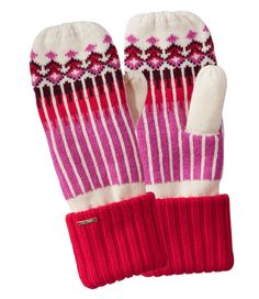 The warm, soft wool blend of these cozy mittens will help keep your fingers toasty all winter long. Slightly Fitted. Slightly Fitted. 50% recycled nylon/25% recycled polyester/25% wool. 50% recycled nylon/25% recycled polyester/25% wool. Built with a durable wool blend featuring recycled nylon and polyester. Available in eye-catching colors and prints. Available in eye-catching colors and prints. Imported. | Women's Heritage Fair Isle Mittens, Wool Blend/Nylon Fair Isle Mittens, Royal Red, Womens Gloves, Soft Wool, Eye Catching Colors, Ll Bean, Mitten Gloves, L L Bean, Fair Isle