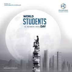 a man sitting on top of a stack of books with the words world students'day