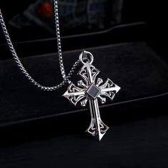 Mens Black CZ Silver Cross Pendant Necklace Christian Catholic Jewelry Chain 24" | eBay Metal Clavicle Chain Necklace With Cross Pendant, Metal Cross Clavicle Chain Jewelry, Silver Gothic Box Chain Jewelry, Metal Cross Pendant Necklace With Adjustable Chain, Metal Cross Jewelry With Adjustable Chain, Vintage Stainless Steel Necklaces With Box Chain, Gothic Sterling Silver Chain Jewelry, Gothic Stainless Steel Silver Chain Jewelry, Vintage Stainless Steel Box Chain Necklaces