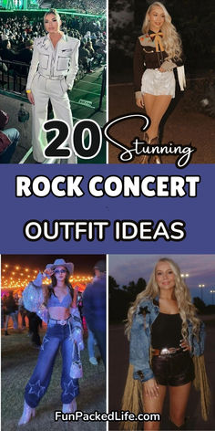 Image features four bold rock concert outfit ideas for women, showcasing edgy and glamorous styles. The text '20 Stunning Rock Concert Outfit Ideas' is displayed in bold colors. Outfits include a white jumpsuit with black accents, fringe denim jackets, sparkly tops with high-waisted jeans, and embellished shorts with Western-inspired tops. The background highlights vibrant concert scenes and outdoor festival vibes. Rock Concert Style, Concert Outfit Rock, Edgy Jacket, Bold Accessories, Rock Concert, Concert Outfit, Turn Ons, Festival