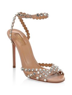 Swarovski crystals add shimmer to alluring nude stilettos. Leather upper with crystal studs Open toe Buckle closure Leather lining Padded insole Leather sole Made in Italy SIZE Self-covered stiletto heel, 4" (105mm). Women's Shoes - Aquazzura > Aquazzura > Saks Fifth Avenue > Barneys. Aquazzura. Color: Powder Pink. Size: 10. Aquazzura Tequila, Aquazzura Heels, Evening Sandals, Fire Heart, Studded Leather, Powder Pink, Womens High Heels, Plexus Products, Manolo Blahnik