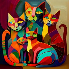 three colorful cats sitting next to each other in front of a painting on the wall