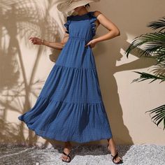 Lasaky - Elegant High-Waisted Layered Maxi Dress with Fashionable Ruffles and Slim Fit Patchwork Design Front Split Dress, Layered Maxi Dress, Womens Long Dresses, Evening Gown Dresses, Ruffled Dress, Crewneck Dress, Patchwork Dress, Line Dress, Maxi Dresses Casual