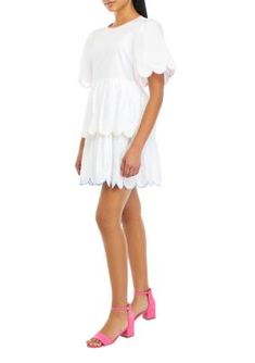 Scalloped embroidery adds feminine charm to this mini dress from ENGLISH FACTORY. | ENGLISH FACTORY Women's Scallop Embroidery Mini Dress, Medium Spring Daywear Dresses With Scalloped Edges, Spring Day Dresses With Scalloped Edges, White Summer Dress With Scalloped Edges, White Summer Dresses With Scalloped Edges, Mini Cotton Dress For Brunch, Spring Brunch Dress With Scalloped Edges, Spring Brunch Dresses With Scalloped Edges, Summer Dresses With Scalloped Edges And Short Sleeves, White Cotton Mini Hem Dress