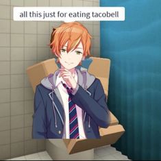 an anime character sitting in a chair with his hand on his chin and the caption says, all this just for eating tacobell