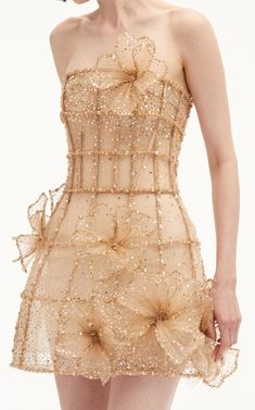 Crystal Grid Embroidered Cocktail Dress By Oscar De La Renta | Moda Operandi Crystal Lattice, Embroidered Cocktail Dress, Gold Tulle, Tulle Mini Dress, Pretty Party, Embroidery Fashion, Luxury Dress, Crystal Grid, How To Look Classy