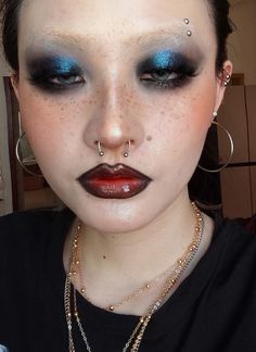 Editorial Face Paint, Gothic Angel Makeup, Hooded Eyes Alt Makeup, Blue Vampire Makeup, Halloween Rave Makeup, Red Hooded Eye Makeup, Brown Eye Blue Makeup, Gothic Blue Makeup