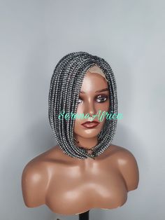 Bob Braid Wig, Salt and Pepper Braided Wig, Short Braided Wigs, Wigs For Black Women, Box Braid Wig, Short Bob Braid Wig NEED OTHER  STYLES OF BRAIDED WIGS, AUTOGELE HEADWRAPS AFRICAN CORAL BRIDAL BEADS, VISIT OUR SHOP HERE: https://sereneafrica.etsy.com/ We are committed to using quality and long-lasting materials. Every piece of our wig is unique. *Features*   * Box braids short bob wig is made on 4x2 Lace closure  *Suitable for all occasions.    *It gives you a natural look which makes it dif Cornrow Bob Braids Hairstyles, Box Braid Bob, Short Braided Wigs, Short Bob Braids, Box Braids Bob, Braids Short, Bob Braids Hairstyles, Braid Wig, Bob Braids