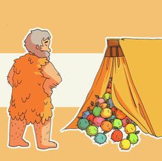 an old man standing in front of a pile of fruit next to a tent with apples on it