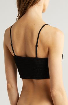 This longline bralette offers a perfect fit every time you slip into it with a smocked back panel and fully adjustable straps. Slips on over head Adjustable straps Partially lined 62% nylon, 37% cotton, 1% elastane Hand wash, dry flat Imported Beachwear Tops With Spaghetti Straps And Built-in Bra, Bra-friendly Bandeau Camisole, Vacation Crop Top With Built-in Bra And Spaghetti Straps, Bra Friendly Bandeau Camisole, Black Triangle Top Bra With Adjustable Straps, Beach Bra With Spaghetti Straps And Built-in Bra, Stretch Bandeau Halter Top With Adjustable Straps, Fitted Smocked Back Tube Top For Beach, Strappy Bra-friendly Crop Top For Beach