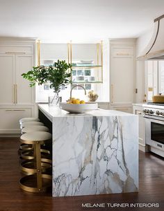 a kitchen with marble counter tops and gold accents