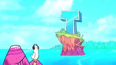 an animated image of a person on a surfboard in the water near a large letter t